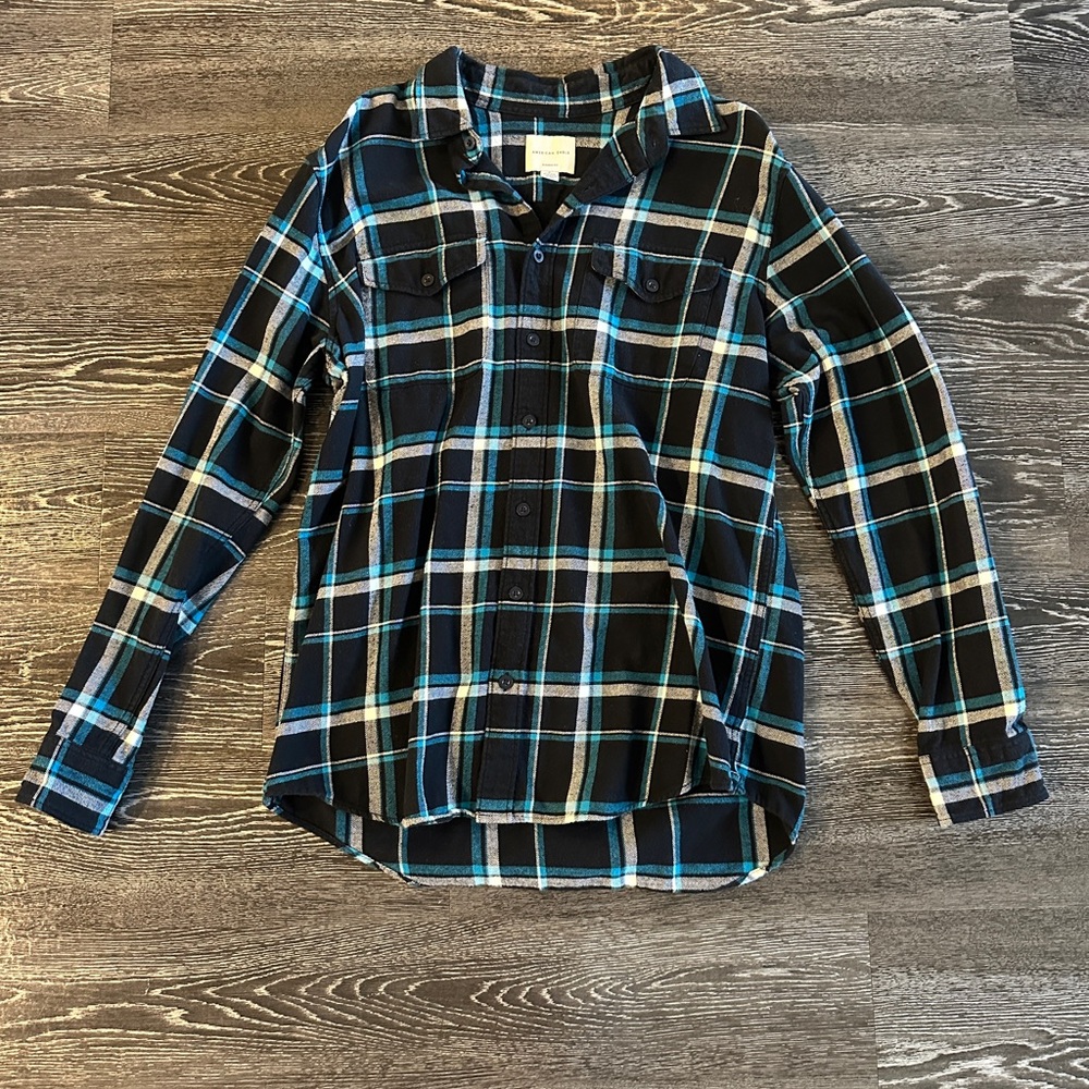 American Eagle Outfitters Teal and Black Plaid Shirt
